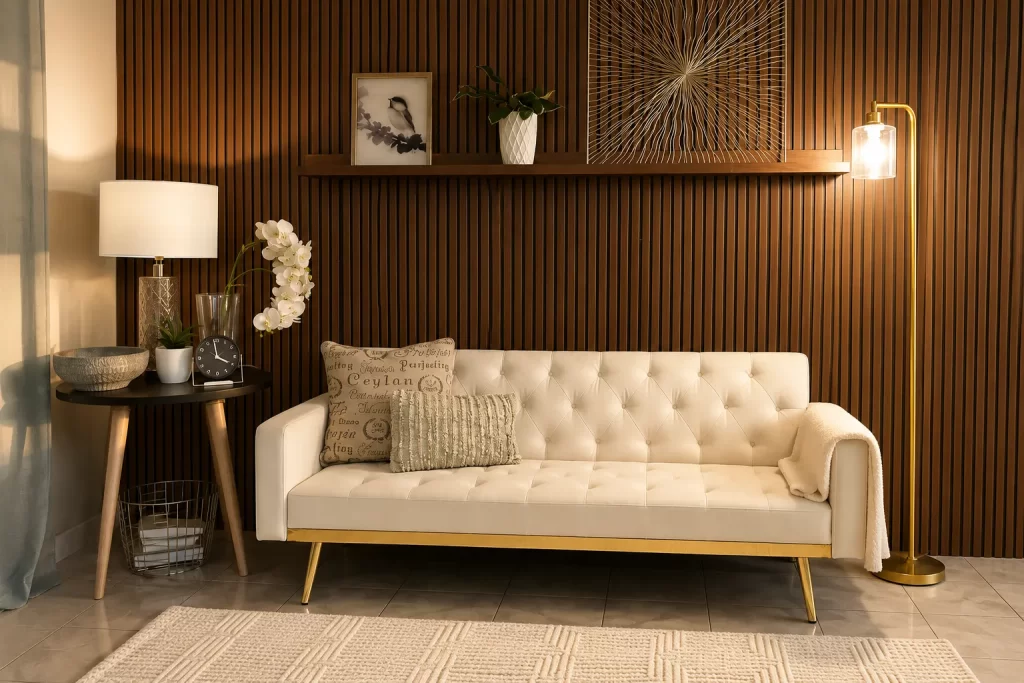 Calm therapy office at Clearwater Counseling in Phoenix with a cream sofa and warm lighting