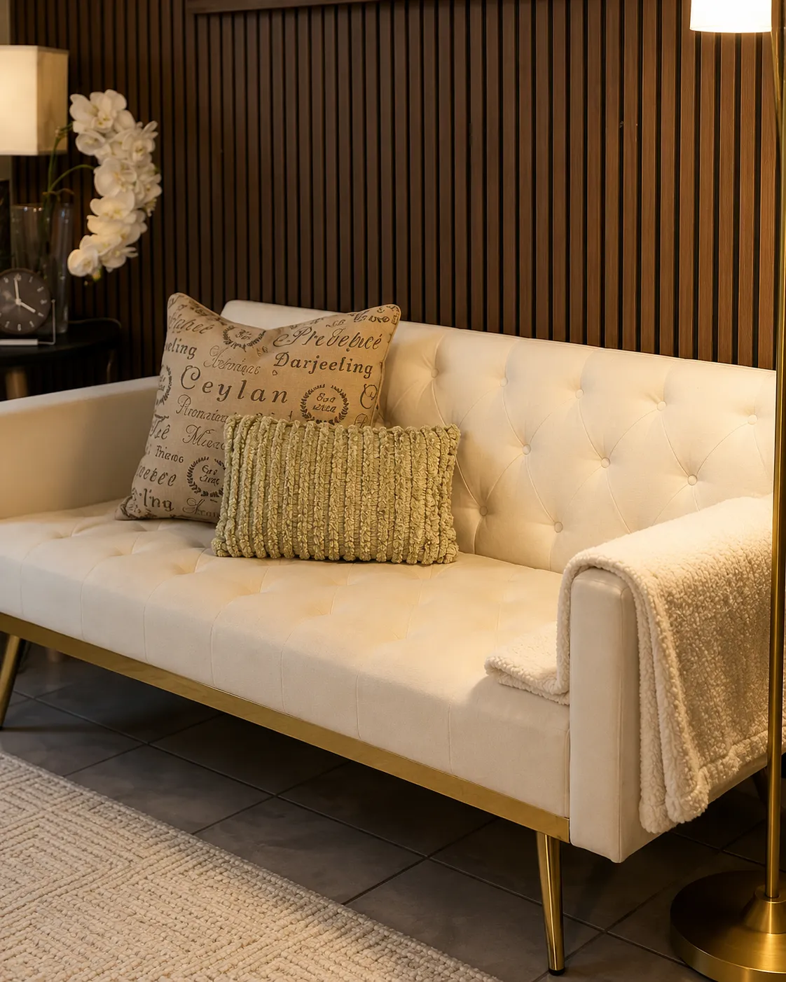 Cream tufted sofa with pillows in the Clearwater Counseling therapy room in Phoenix